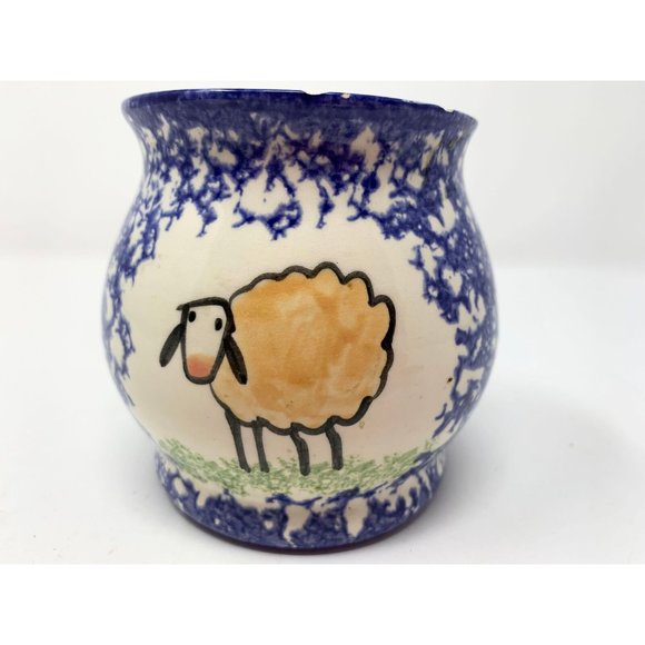 MOLLY DALLAS OPEN SUGAR BOWL Sheep Blue Spatterware Farmhouse MOLLY'S COWS Folk - Picture 7 of 9